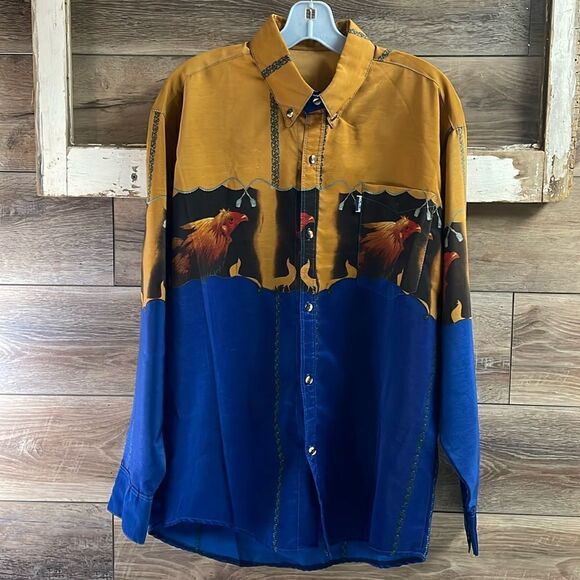 MICHELIN Mens Western Roper Country Rooster Graphic Dress Shirt Blue Gold Red